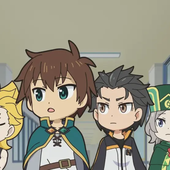 Personagens em desenho chibi no corredor da escola em Isekai Quartet 3
