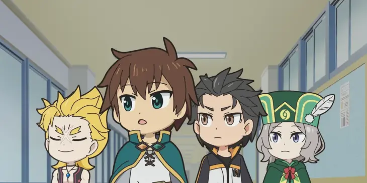Personagens em desenho chibi no corredor da escola em Isekai Quartet 3