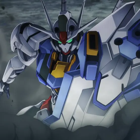 Gundam Aerial em uma cena de The Witch from Mercury, exemplo de anime mecha