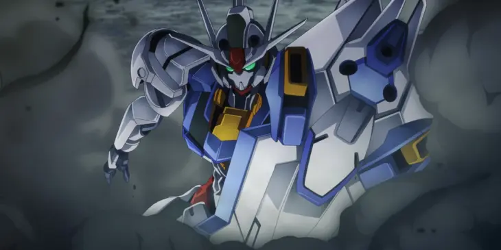 Gundam Aerial em uma cena de The Witch from Mercury, exemplo de anime mecha