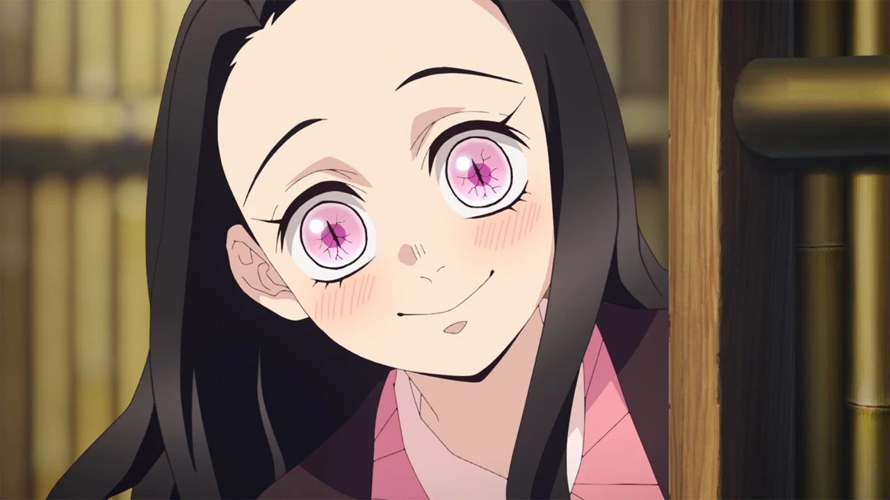 Nezuko sorri sem a mordaça de bambu em Demon Slayer