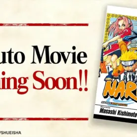 Arte promocional oficial do filme de Naruto com Naruto, Sasuke e Sakura na capa do mangá