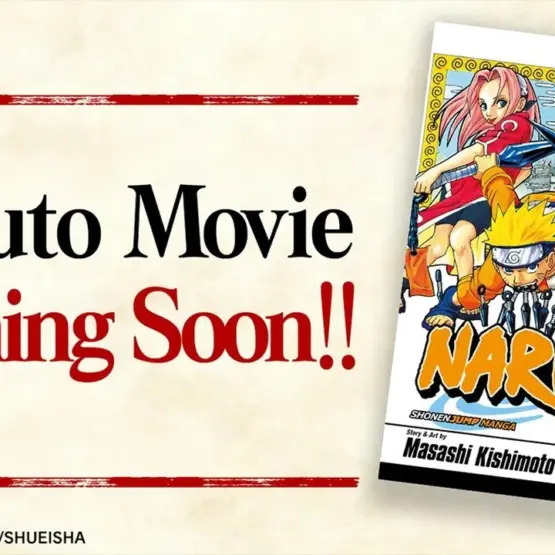 Arte promocional oficial do filme de Naruto com Naruto, Sasuke e Sakura na capa do mangá