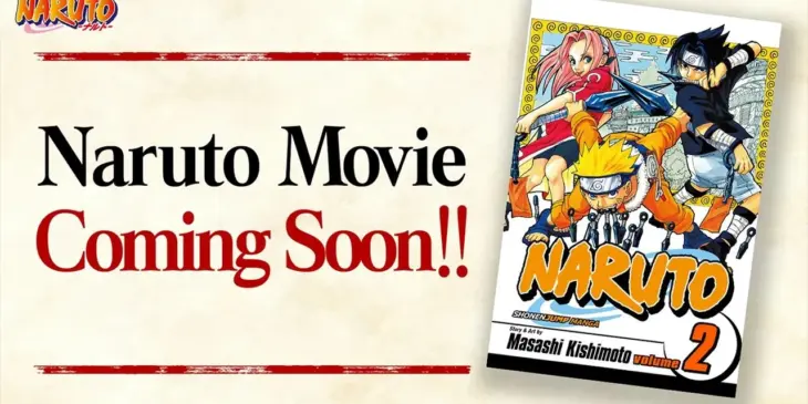 Arte promocional oficial do filme de Naruto com Naruto, Sasuke e Sakura na capa do mangá