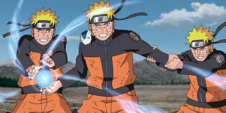 Naruto e seus clones preparam um jutsu em Shippuden