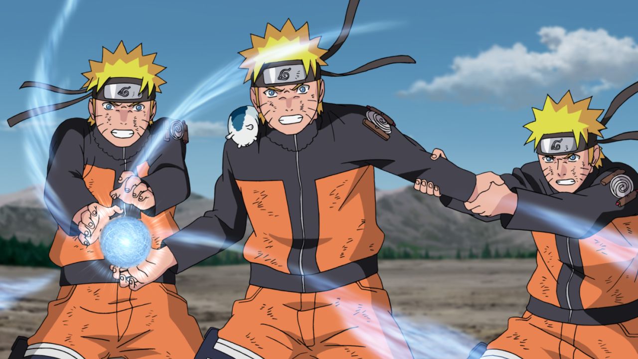 Naruto e seus clones preparam um jutsu em Shippuden