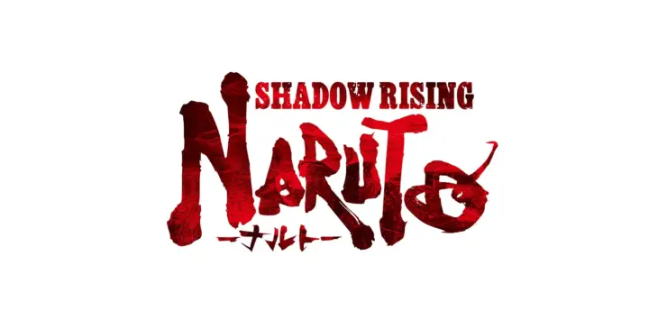 Logotipo oficial de Naruto Shadow Rising em vermelho sobre fundo branco.