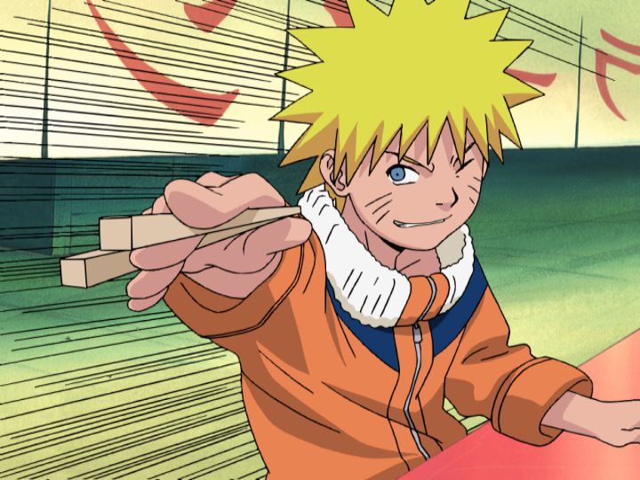 Naruto criança sorri enquanto come lámen