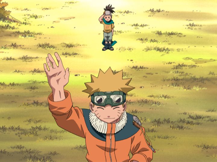 Naruto e Konohamaru acenam no começo da série