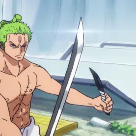 Zoro segura uma lâmina curta entre destroços em cena de One Piece