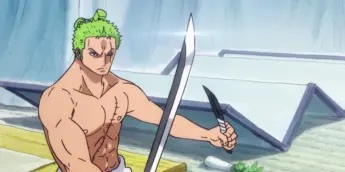 Zoro segura uma lâmina curta entre destroços em cena de One Piece