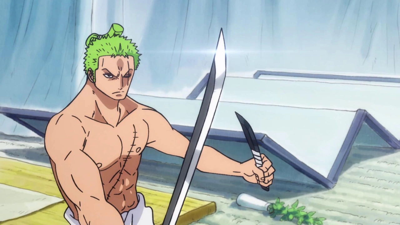 Zoro segura uma lâmina curta entre destroços em cena de One Piece