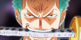 Zoro com uma espada na boca em One Piece