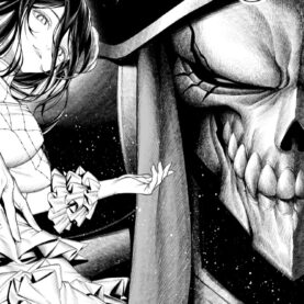 Albedo e Ainz Ooal Gown em ilustração em preto e branco de Overlord: New World.