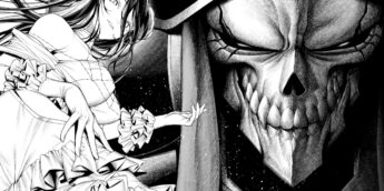 Albedo e Ainz Ooal Gown em ilustração em preto e branco de Overlord: New World.