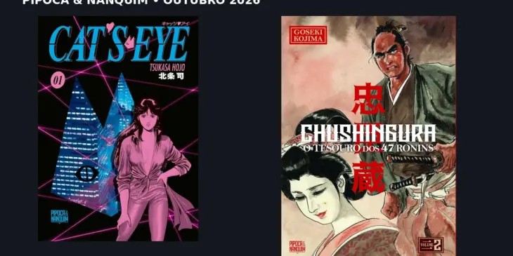 Capas brasileiras de Cat’s Eye 1 e Chushingura 2, lançamentos da Pipoca & Nanquim para outubro de 2026