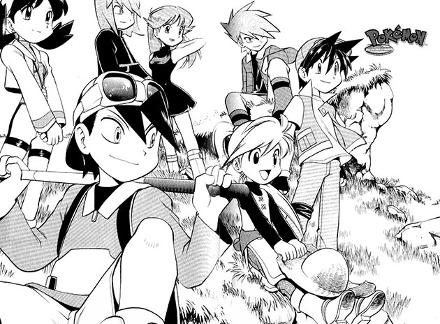 Ilustração em preto e branco com protagonistas de diferentes sagas de Pokémon Adventures