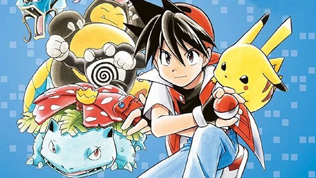 Red com Pikachu, Venusaur, Poliwrath, Snorlax, Gyarados e Aerodactyl em Pokémon Adventures