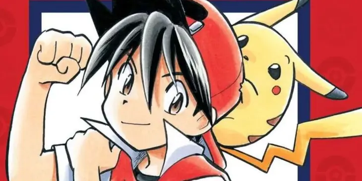 Red ao lado de Pikachu em uma ilustração de Pokémon Adventures