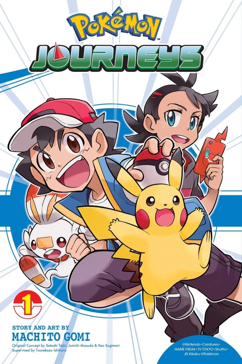 Ash, Goh, Pikachu e Scorbunny na capa do volume 1 de Pokémon Journeys em inglês