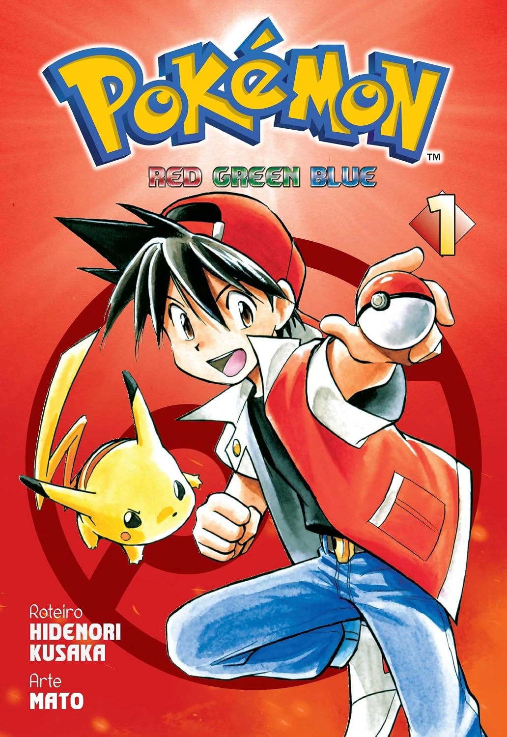 Red e Pikachu na capa brasileira de Pokémon Red Green Blue, volume 1