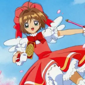 Sakura Kinomoto com roupa vermelha, carta Clow e báculo, diante de um céu azul