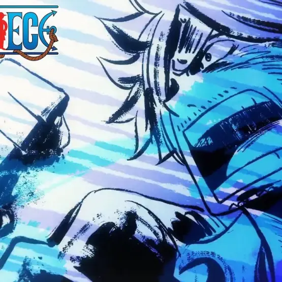 Sanji em um close durante a batalha contra Queen, cercado por traços e luz azul