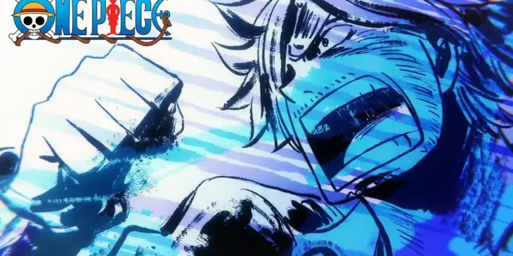 Sanji em um close durante a batalha contra Queen, cercado por traços e luz azul