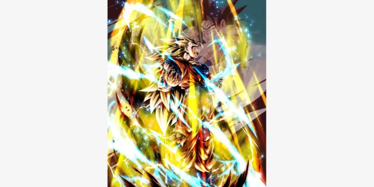 Goku Super Saiyajin 3 em ilustração oficial de Dragon Ball Legends