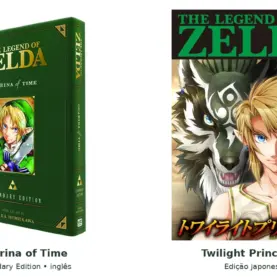 Capas de Ocarina of Time Legendary Edition em inglês e Twilight Princess volume 1 em japonês