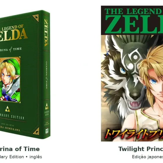 Capas de Ocarina of Time Legendary Edition em inglês e Twilight Princess volume 1 em japonês