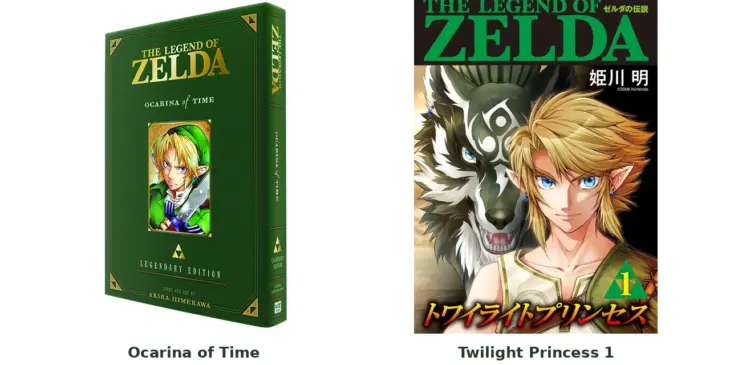 Capas de Ocarina of Time Legendary Edition em inglês e Twilight Princess volume 1 em japonês