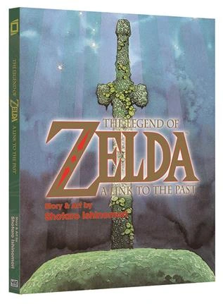 Capa de A Link to the Past em inglês, com a Master Sword e o crédito de Shotaro Ishinomori